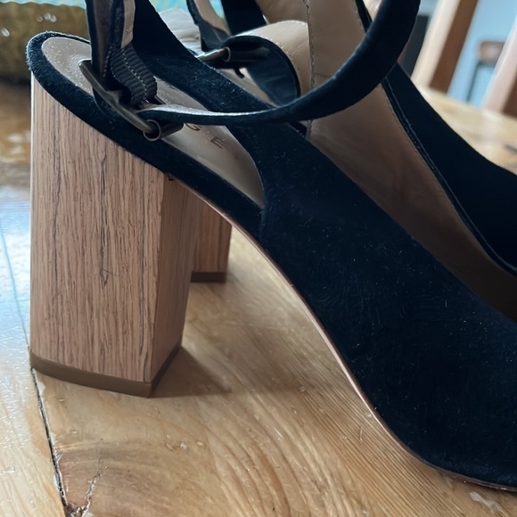 M. Gemi Italian Black Suede Peep Toe Ankle Strap Wooden Block Heel 11 42 - Picture 2 of 16